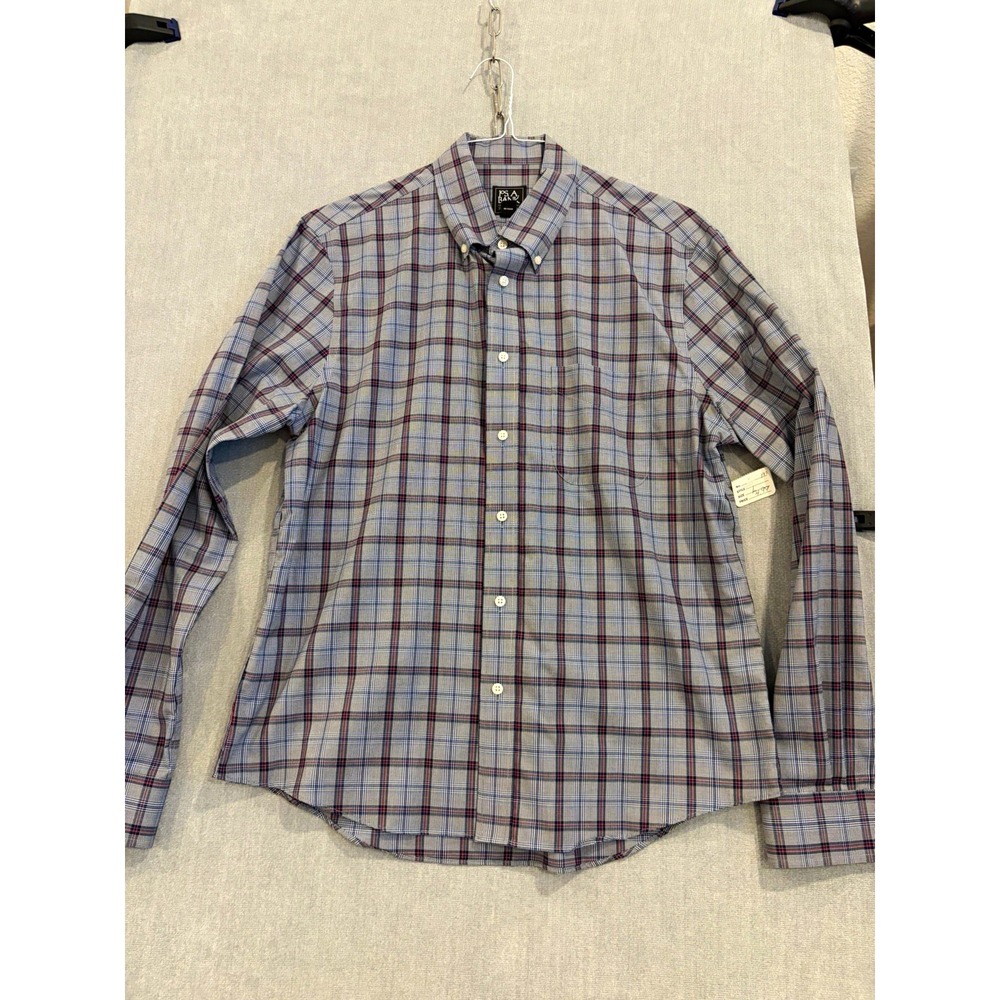 Jos A Bank Traveler Mens L Blue Gray Red Plaid Cotton Button Down Shirt
